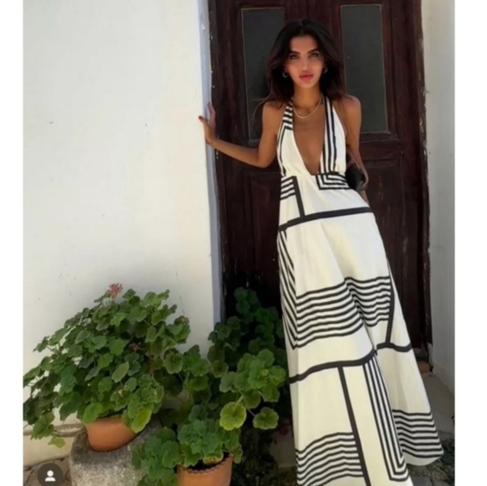 Zara Cotton Dress Halter Black Cream Maxi Size M - Picture 9 of 16